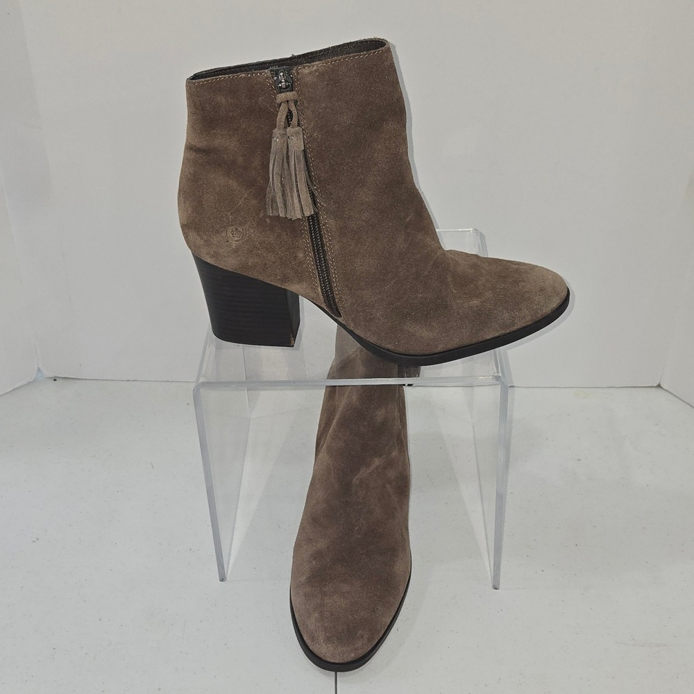 Born Kerri Suede Ankle Boots Brown Leather Tassel Zip Block Heel F73517 Size 10M